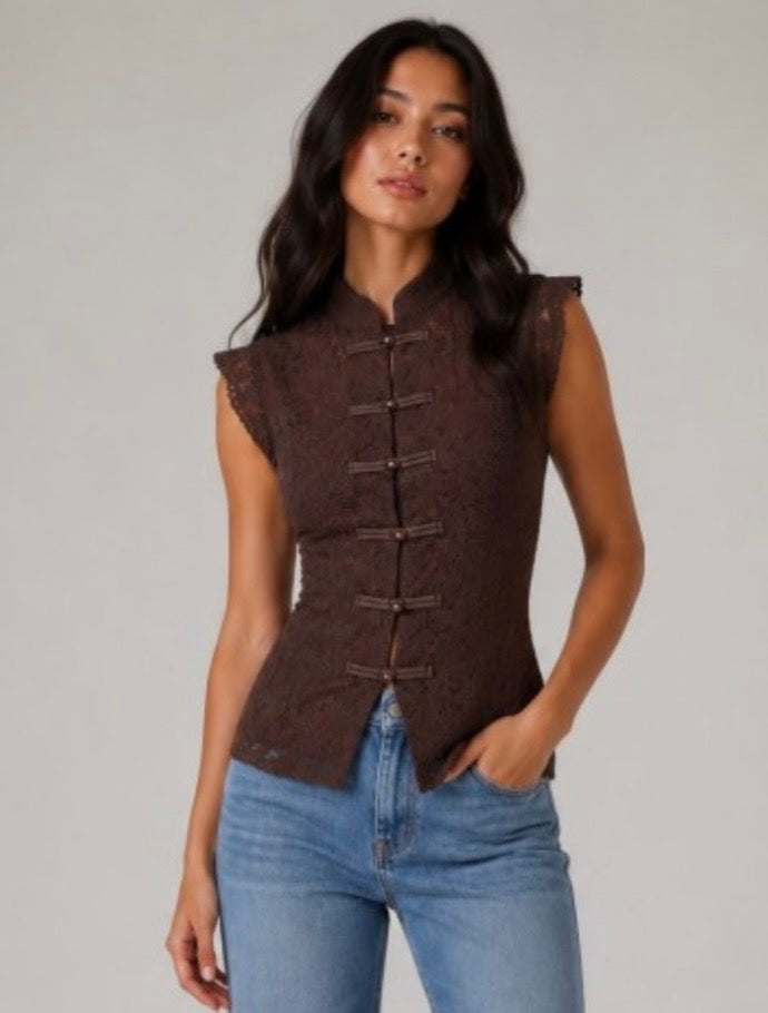 Brown Lace Mandarin Top