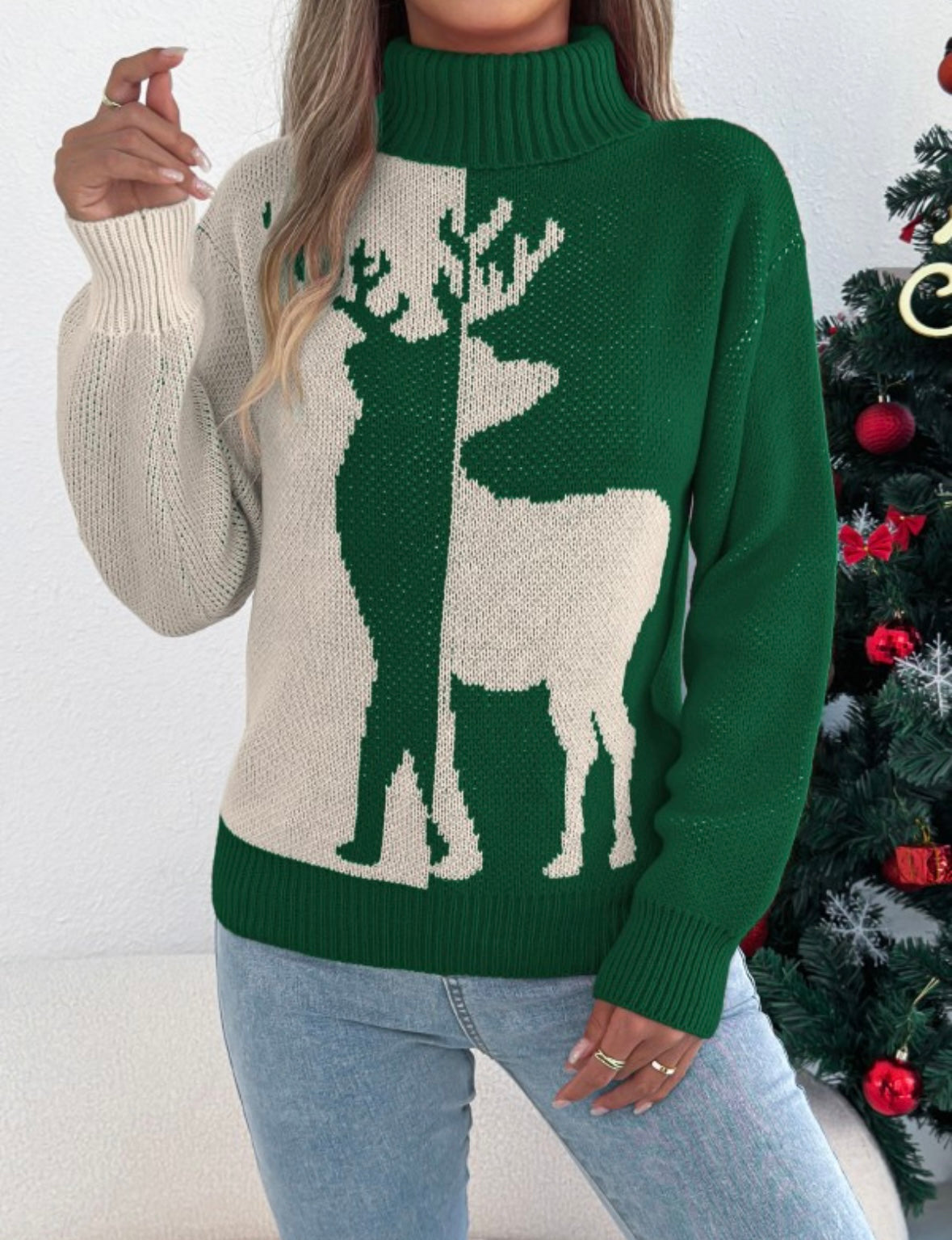 Green Colorblock Reindeer Sweater