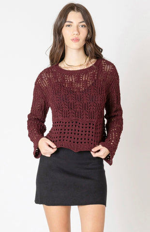 Wine Crochet Bell Sleeve Sweater