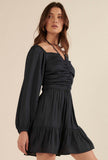 Navy Split Neck Satin Dress