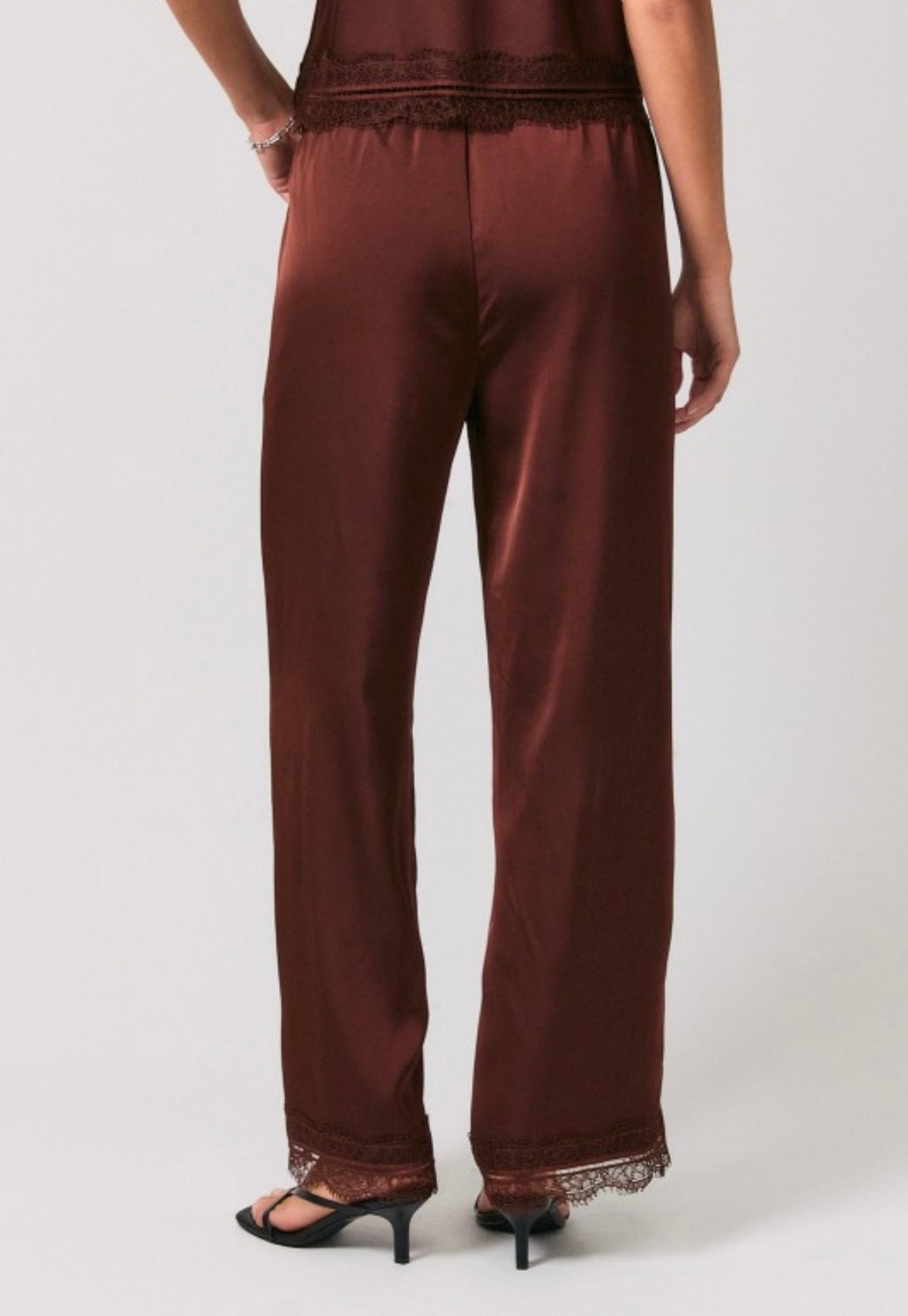 Brown Satin & Lace Wide Leg Pants