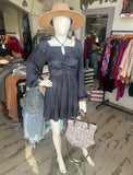 Navy Split Neck Satin Dress