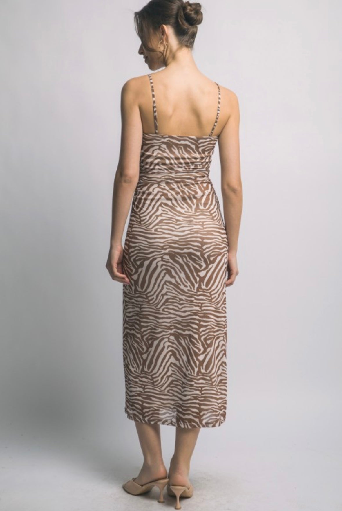 Brown Zebra Ruched Midi Dress