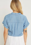 Denim Short Sleeve Button Down Tie Top