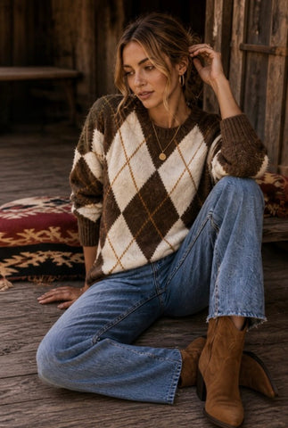 Brown Argyle Oversized Sweater