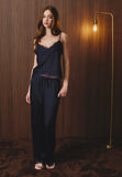 Navy Satin & Lace Wide Leg Pants