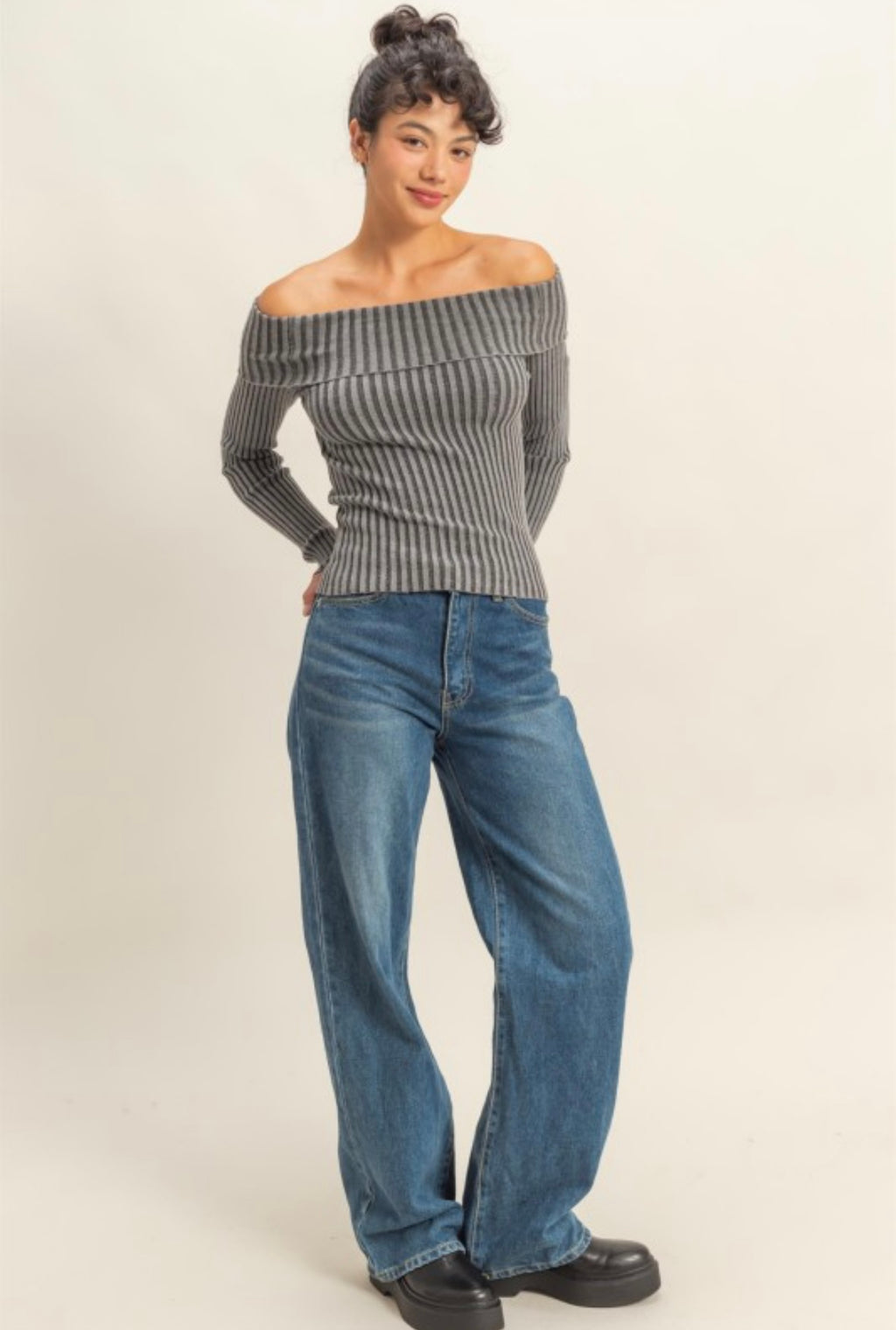 Grey Off The Shoulder Ribbed Top