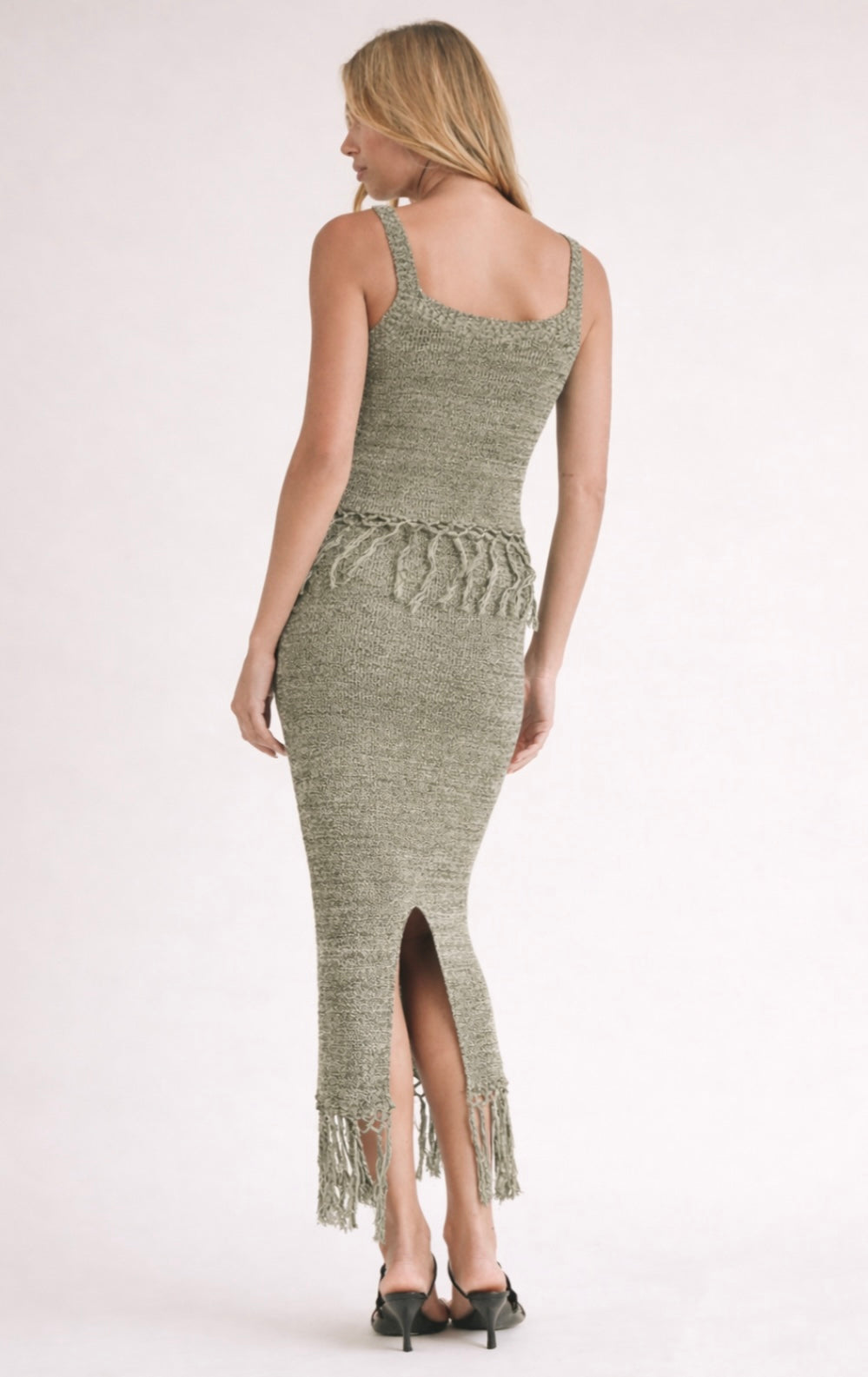 Olive Crochet Tassel Skirt Set