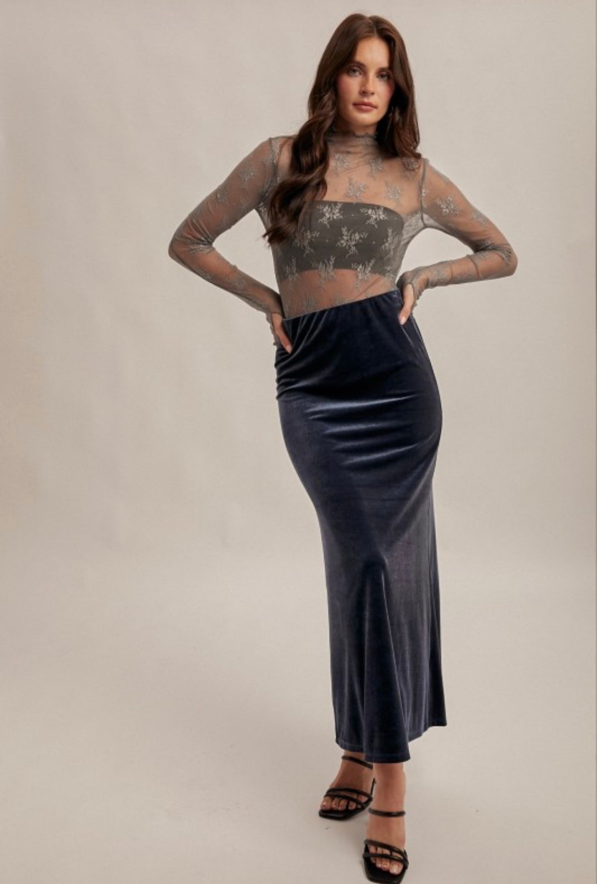 Sea Blue Velvet Midi Skirt