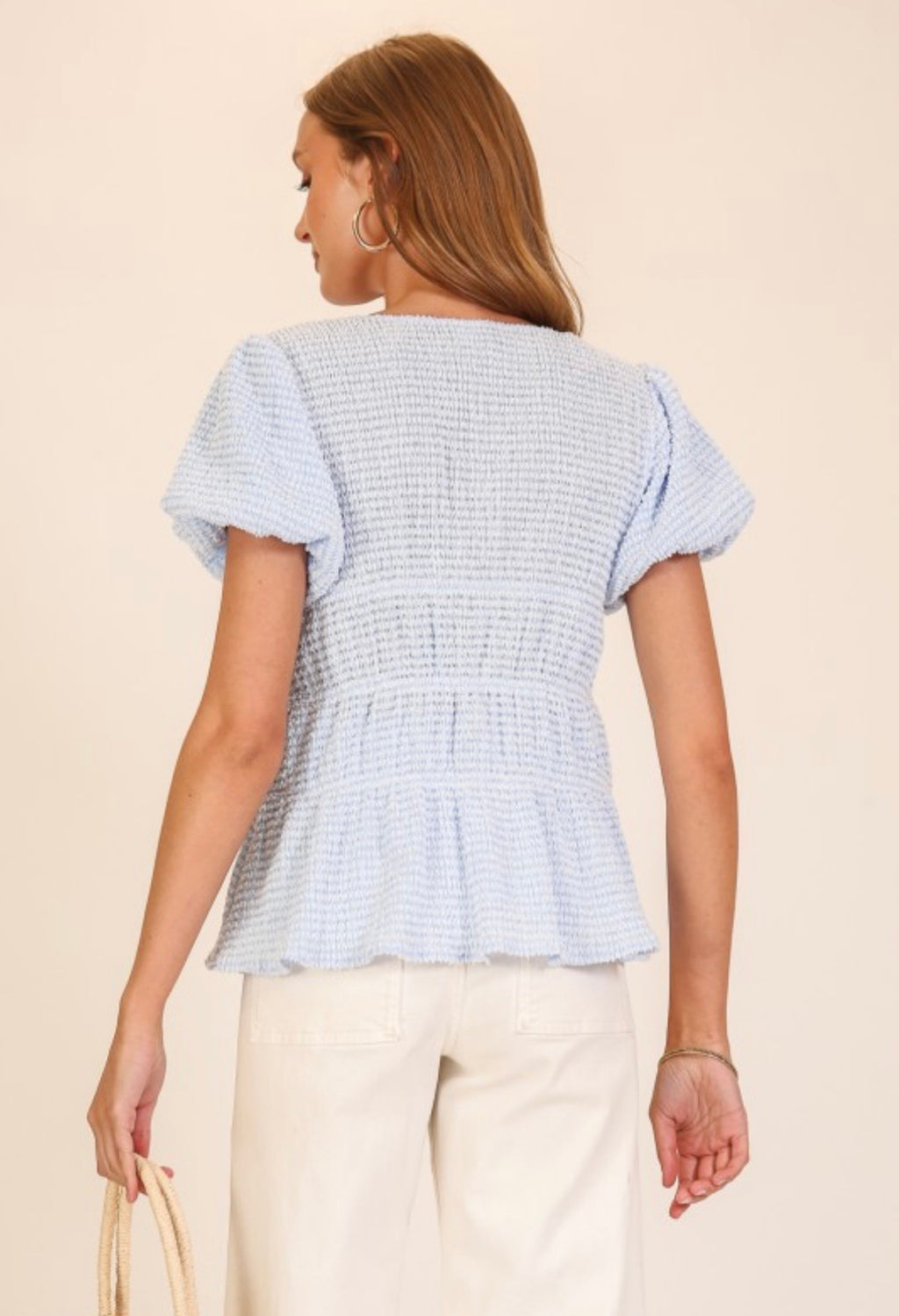 Light Blue Smocked Peplum Top