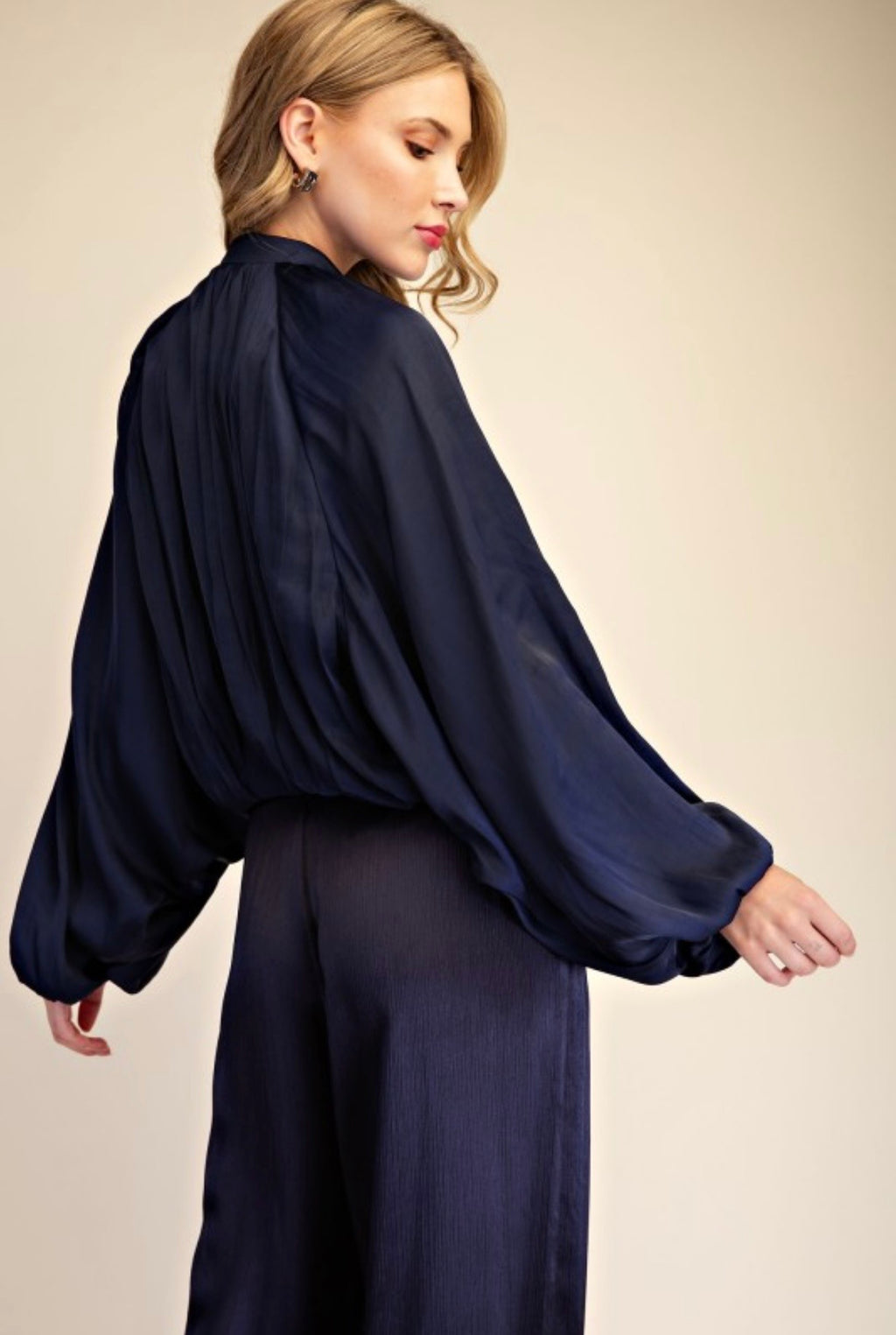 Navy Satin Balloon Bomber Jacket