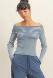 Blue Off The Shoulder Ribbed Top