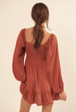 Rust Split Neck Satin Dress