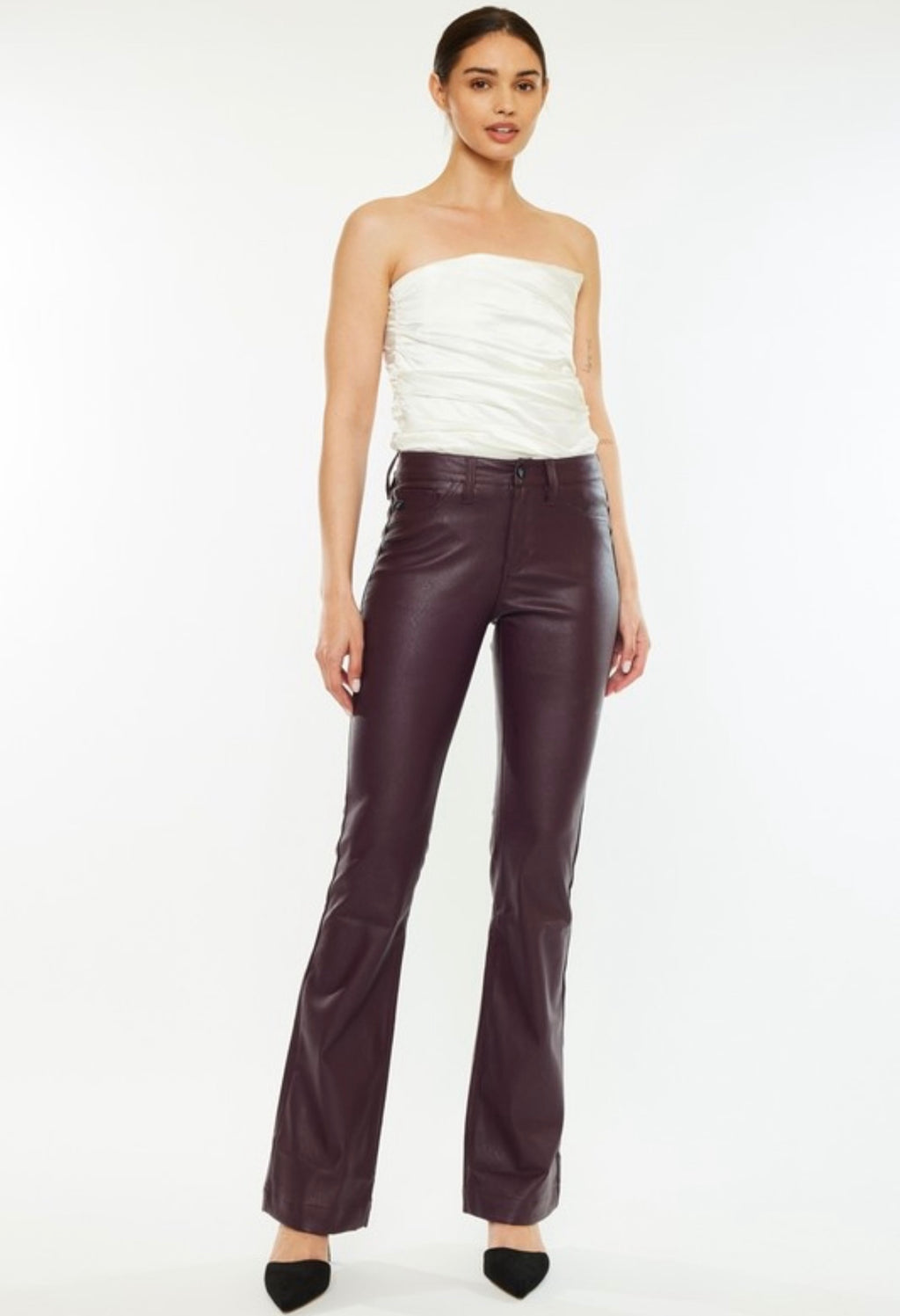 Wine Vegan Leather Flare Pants