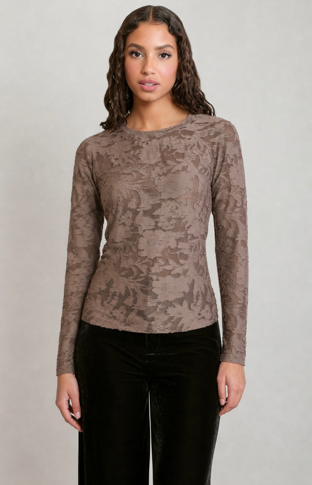 Dark Taupe Jacquard Mesh Top