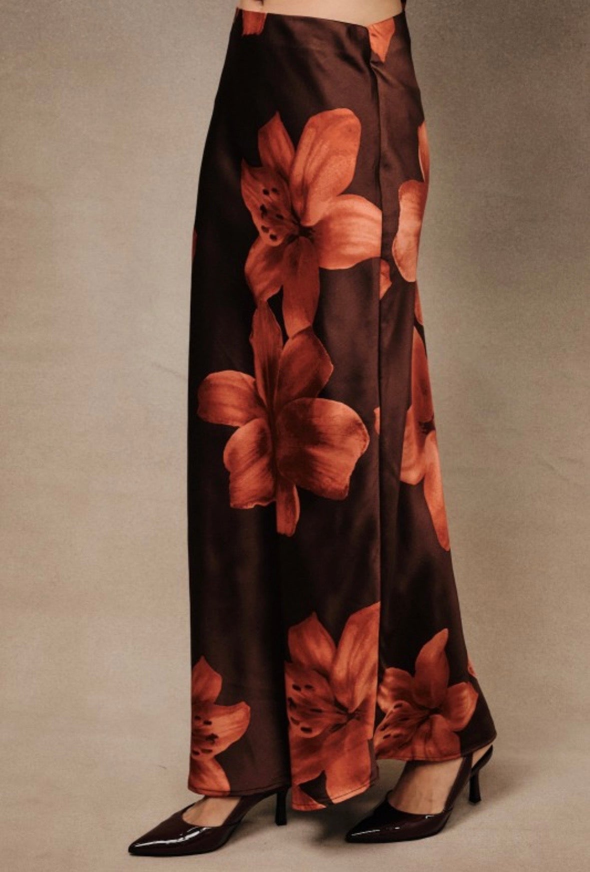 Brown Floral Satin Skirt