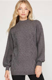 Grey Cable Knit Tunic Sweater