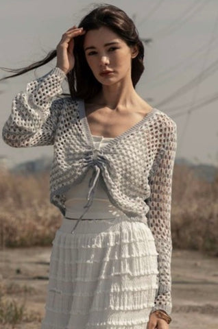 Grey Crochet Bell Sleeve Cardigan