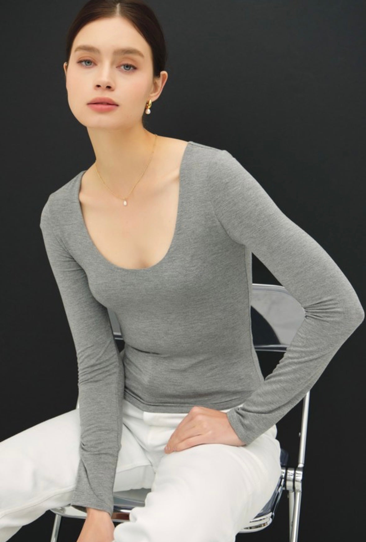 Grey Round Neck Long Sleeve Top