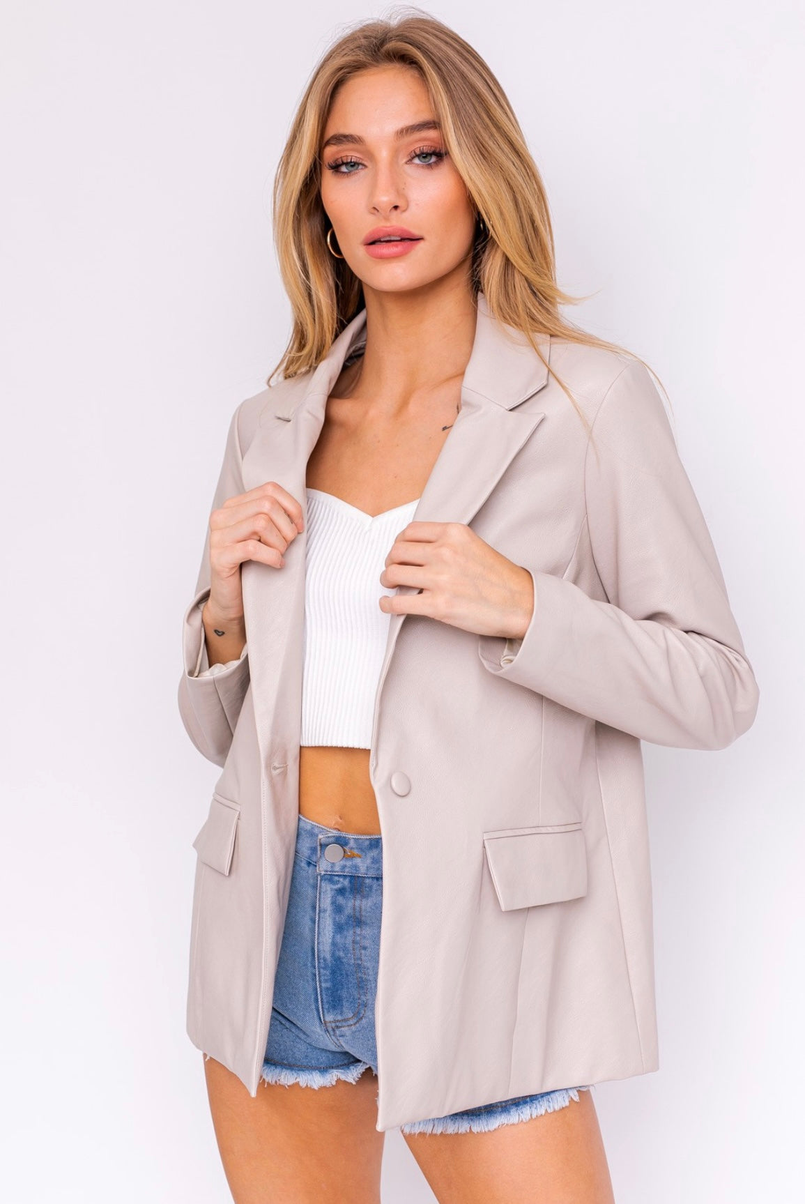 Cream Vegan Leather Blazer