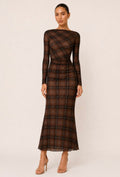Brown Plaid Mesh Maxi Dress