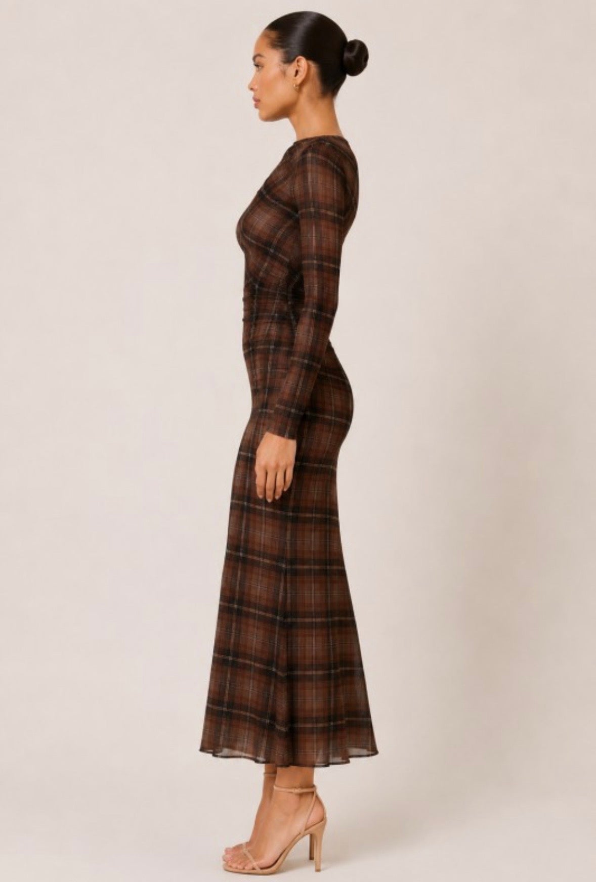 Brown Plaid Mesh Maxi Dress