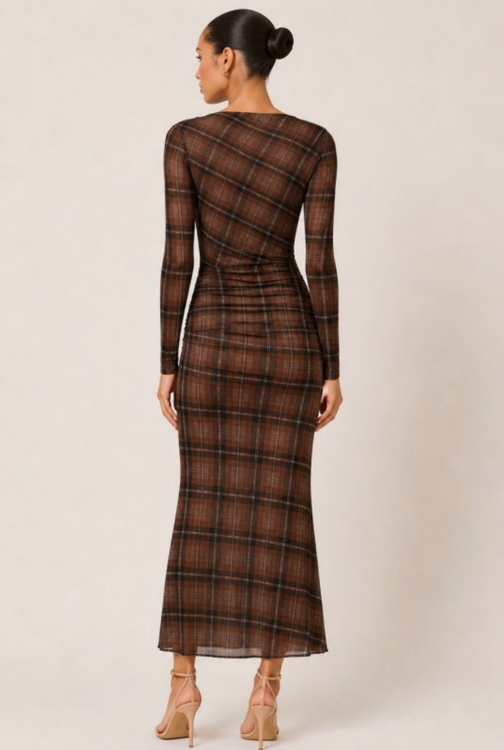 Brown Plaid Mesh Maxi Dress