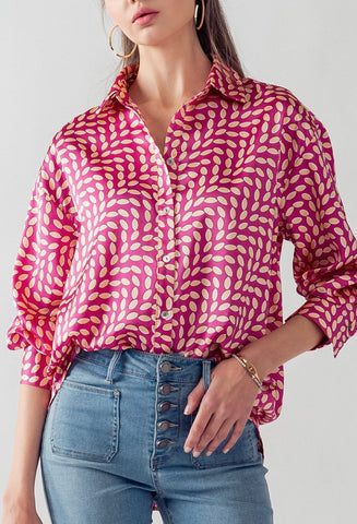 Pink Satin Spotted Button Down