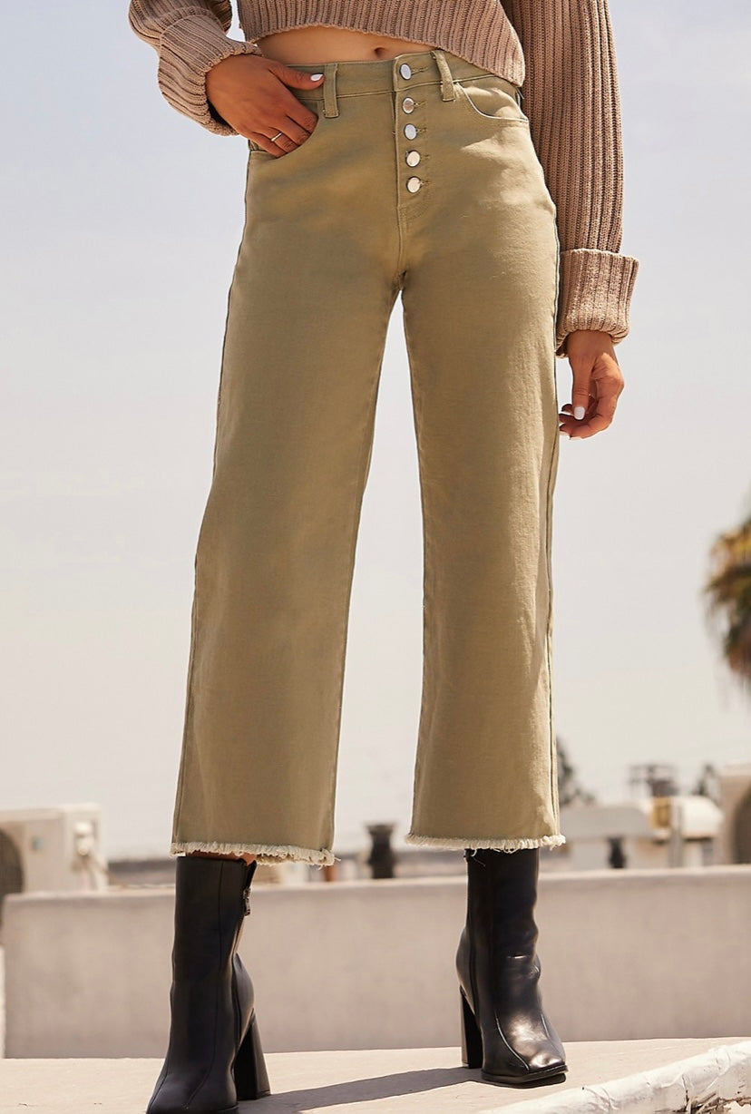 Olive Cropped Wide Leg Jeans