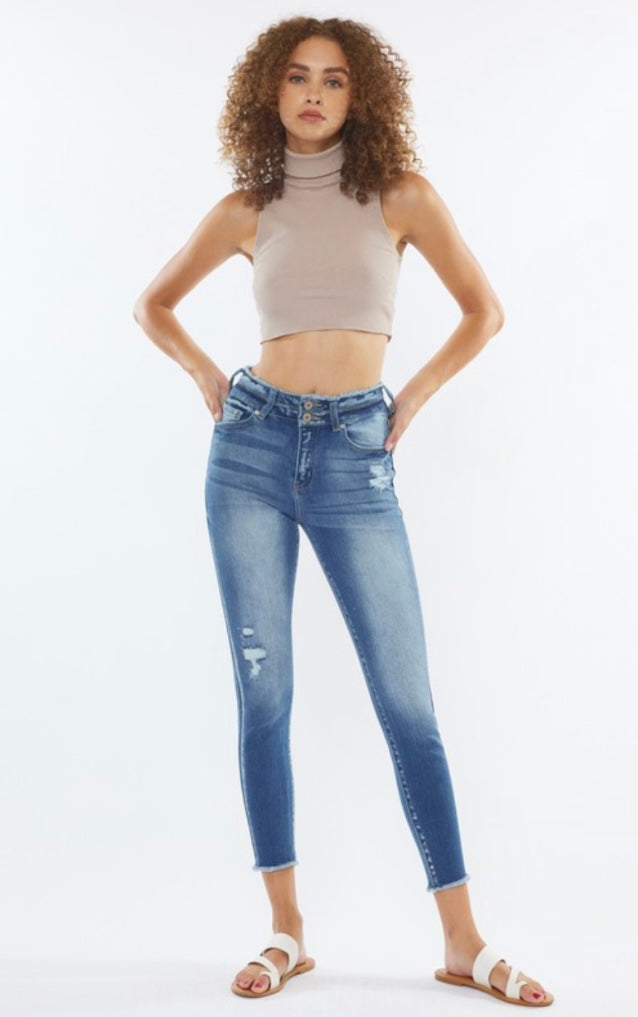 Frayed High Rise Ankle Skinny Jeans