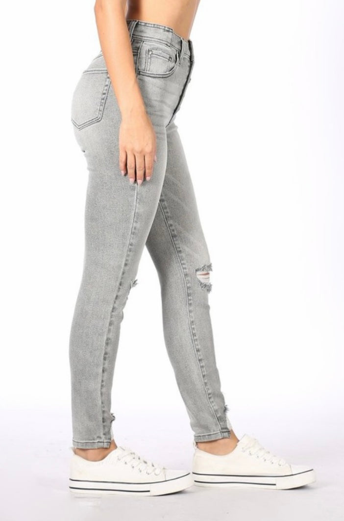 Grey Button Fly Skinny Jeans