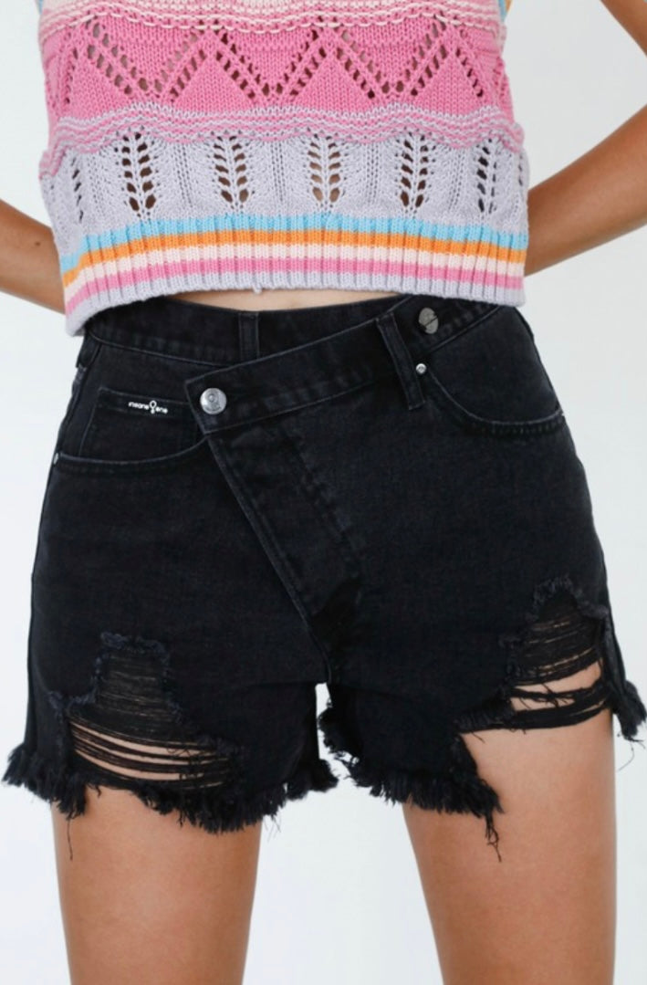 Black Crossover Denim Shorts