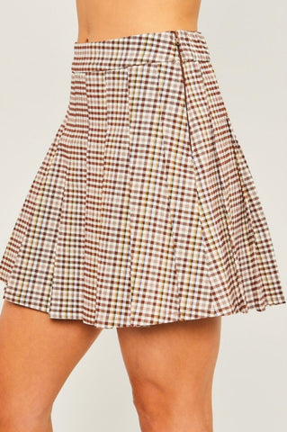 Brown Plaid Pleated Skirt