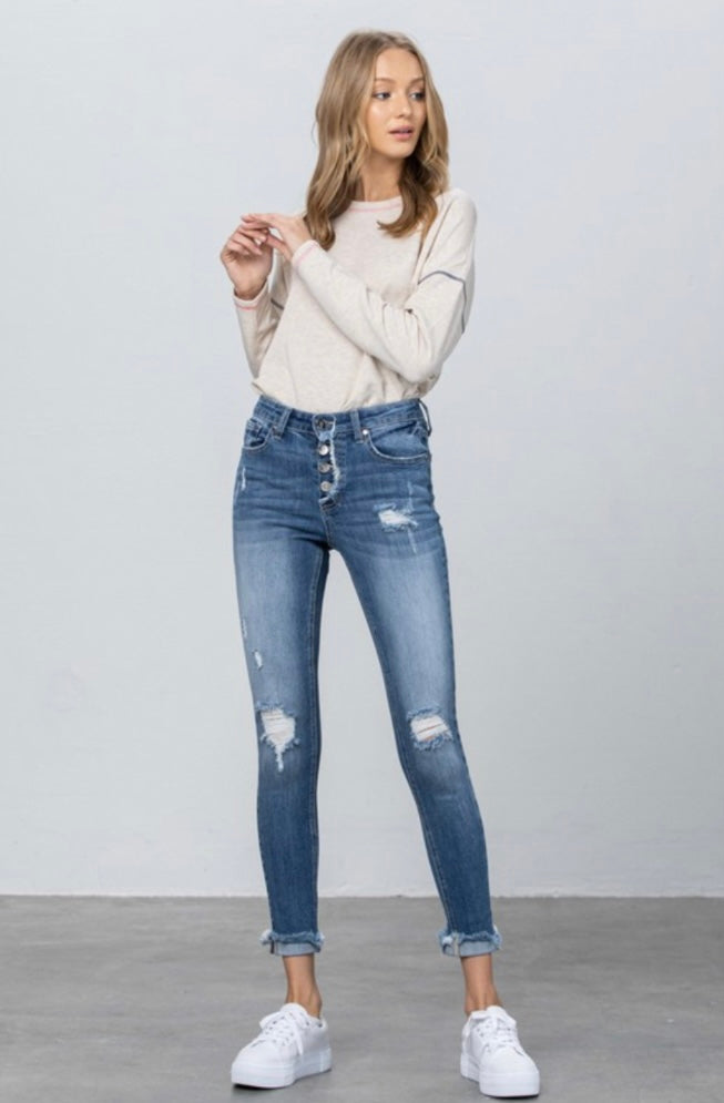 Distressed Fly Skinny Jeans