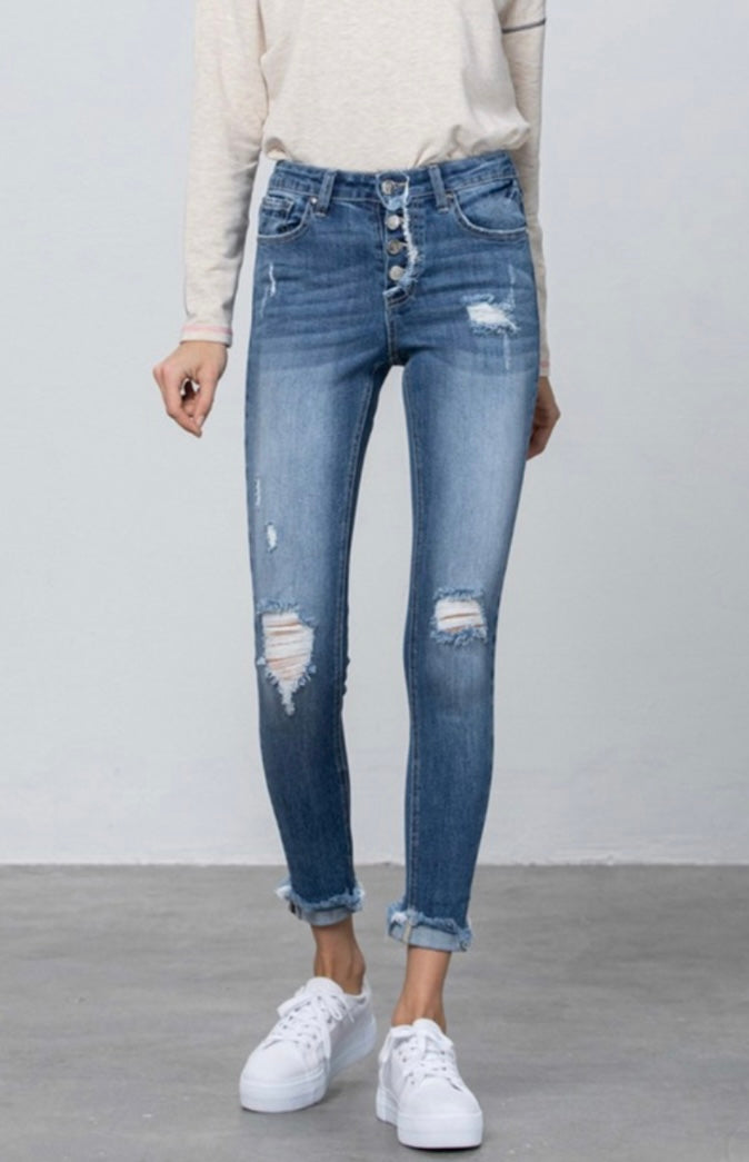 Distressed Fly Skinny Jeans
