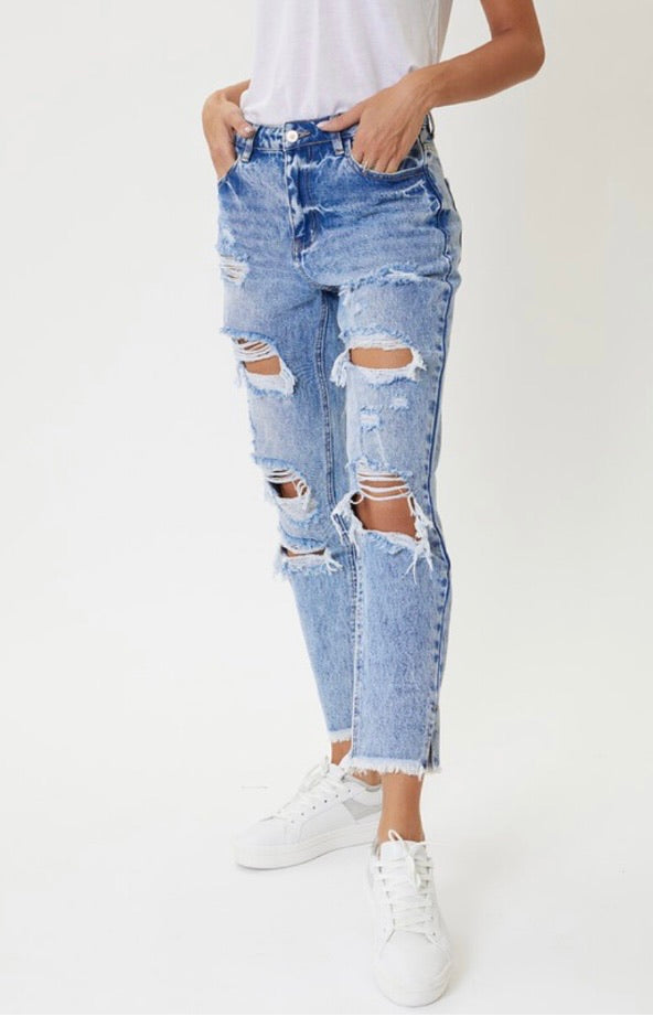 High Waist Destroyed Boyfriend Jeans