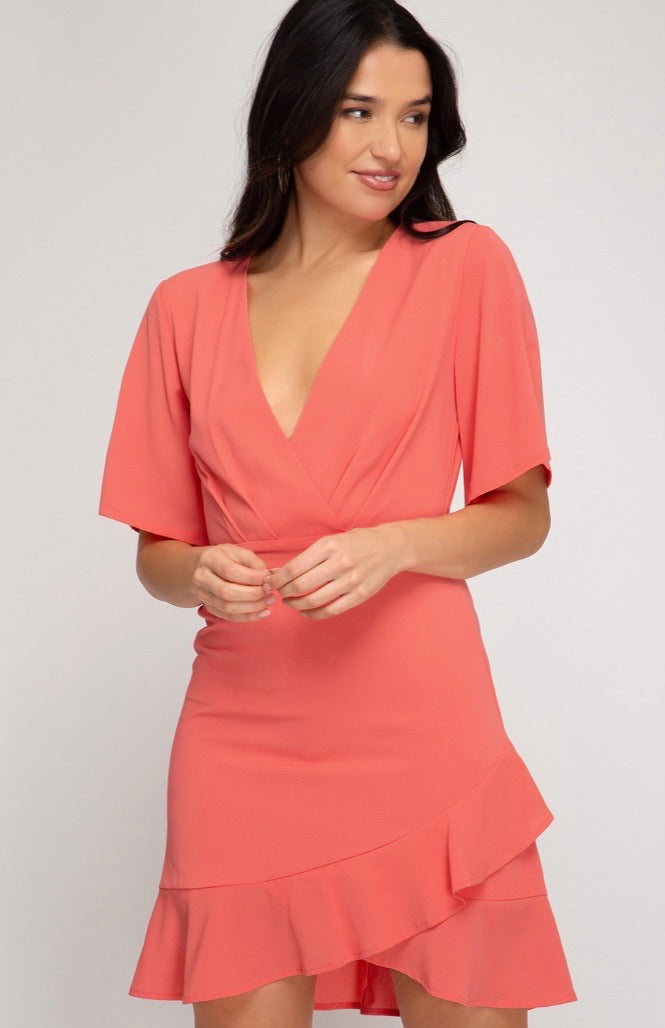 Coral Deep V Neck Dress