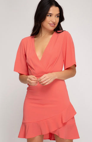 Coral Deep V Neck Dress