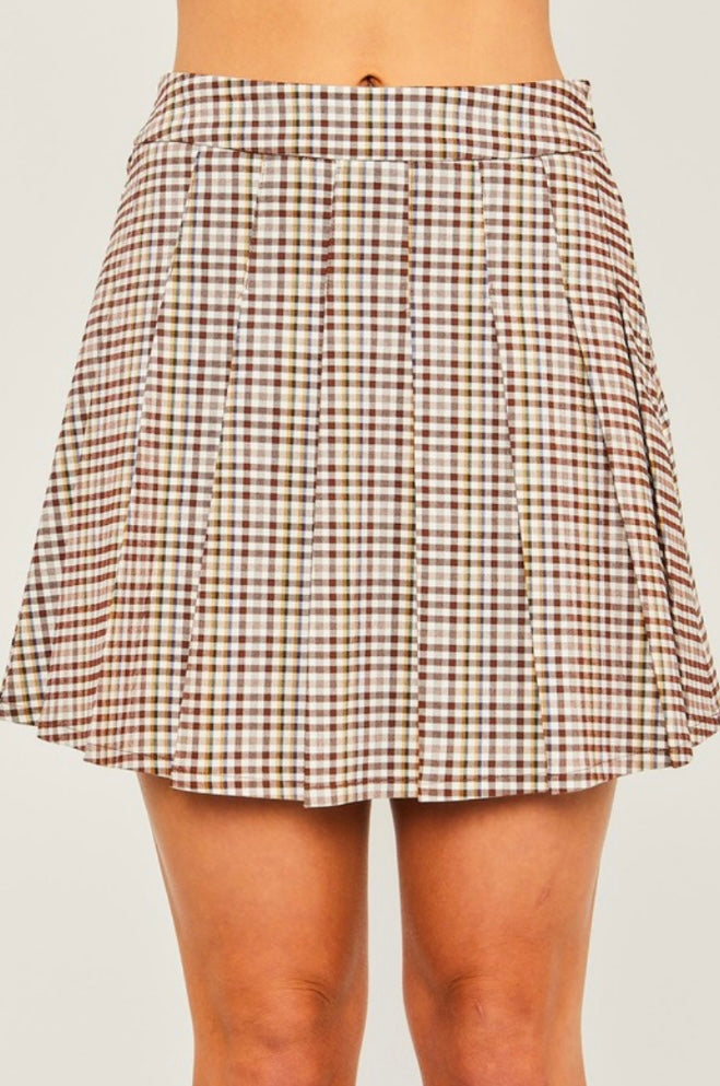 Brown Plaid Pleated Skirt