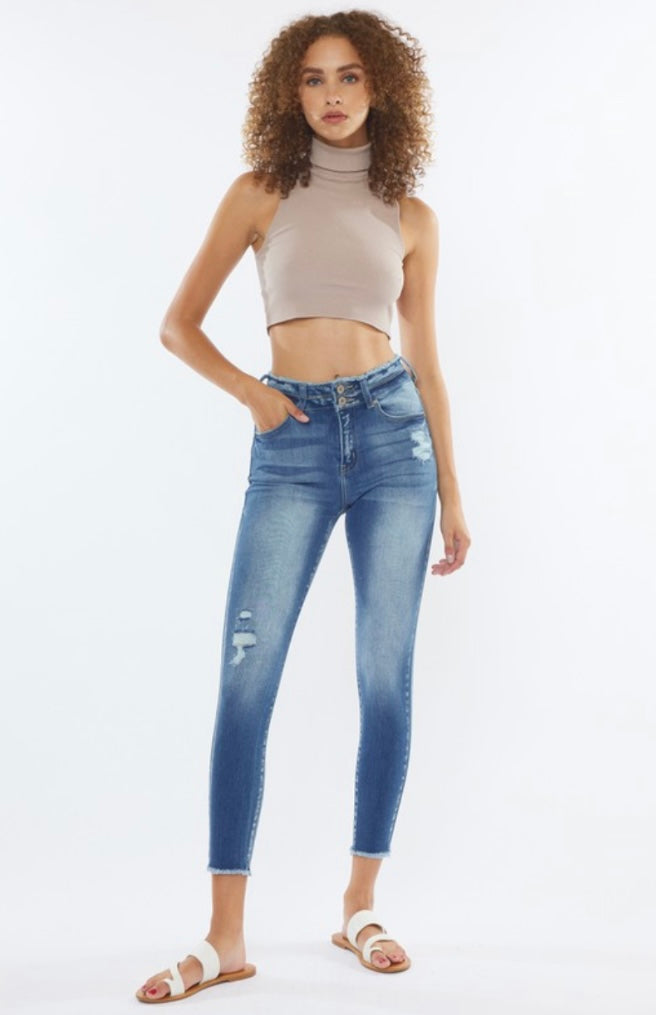 Frayed High Rise Ankle Skinny Jeans