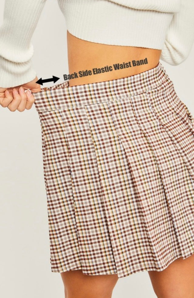 Brown Plaid Pleated Skirt