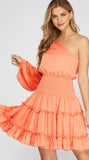 Coral Satin One Sleeve Dress