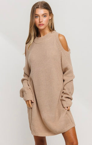 Oatmeal Cold Shoulder Sweater Dress